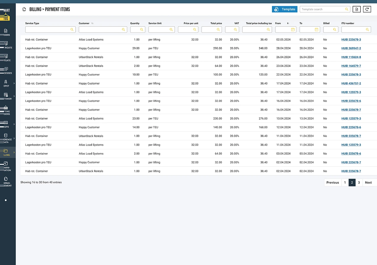 smartTOS billing: service items per customer with service type, quantity, unit and total price, VAT rate and billing status