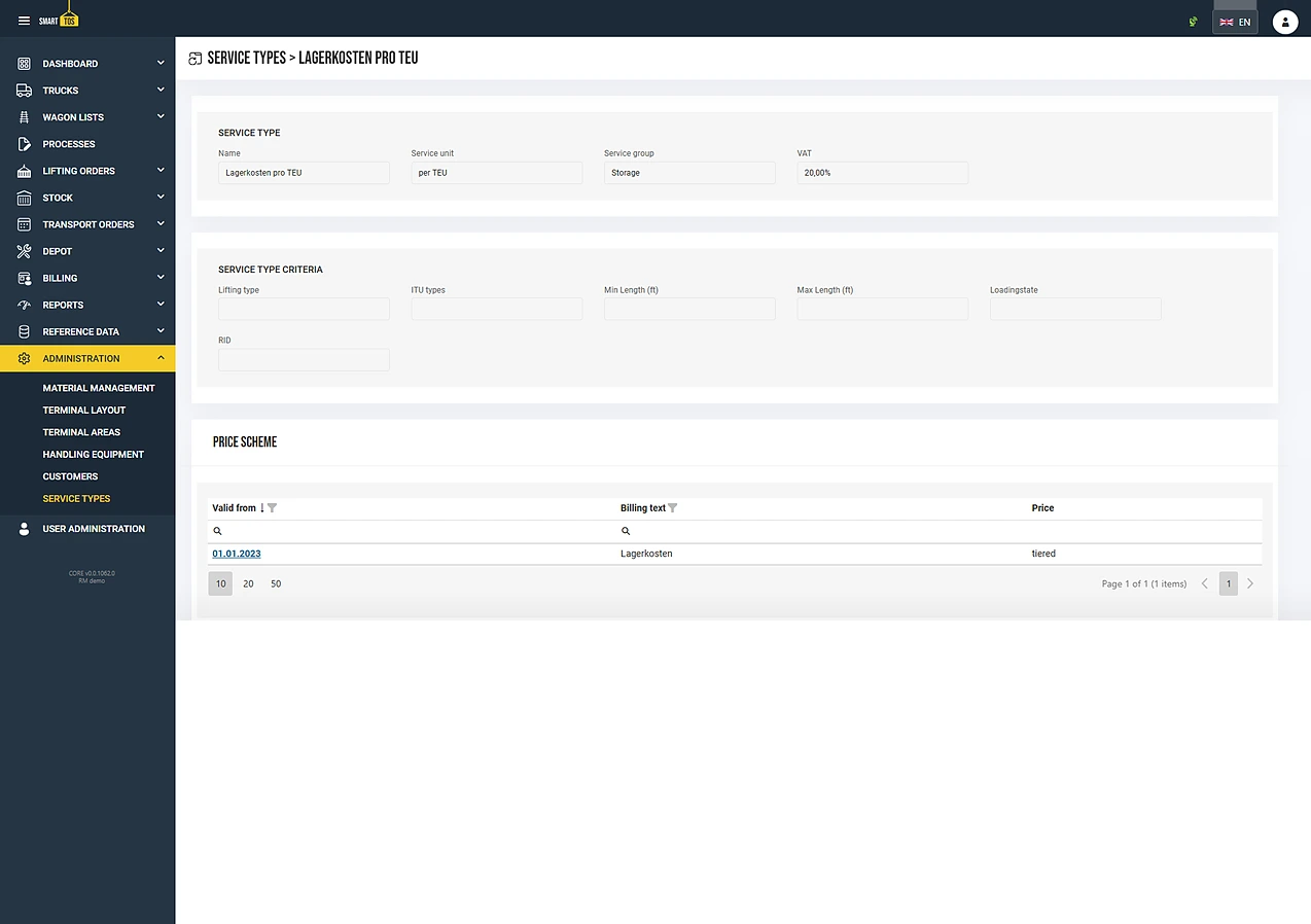 smartTOS service catalogue: the service type „Storage cost per TEU“ with loading unit criteria and price scheme