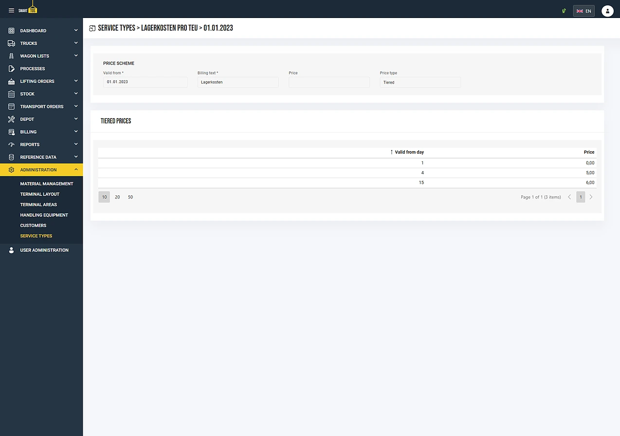 smartTOS service catalogue: tiered storage prices by days in stock