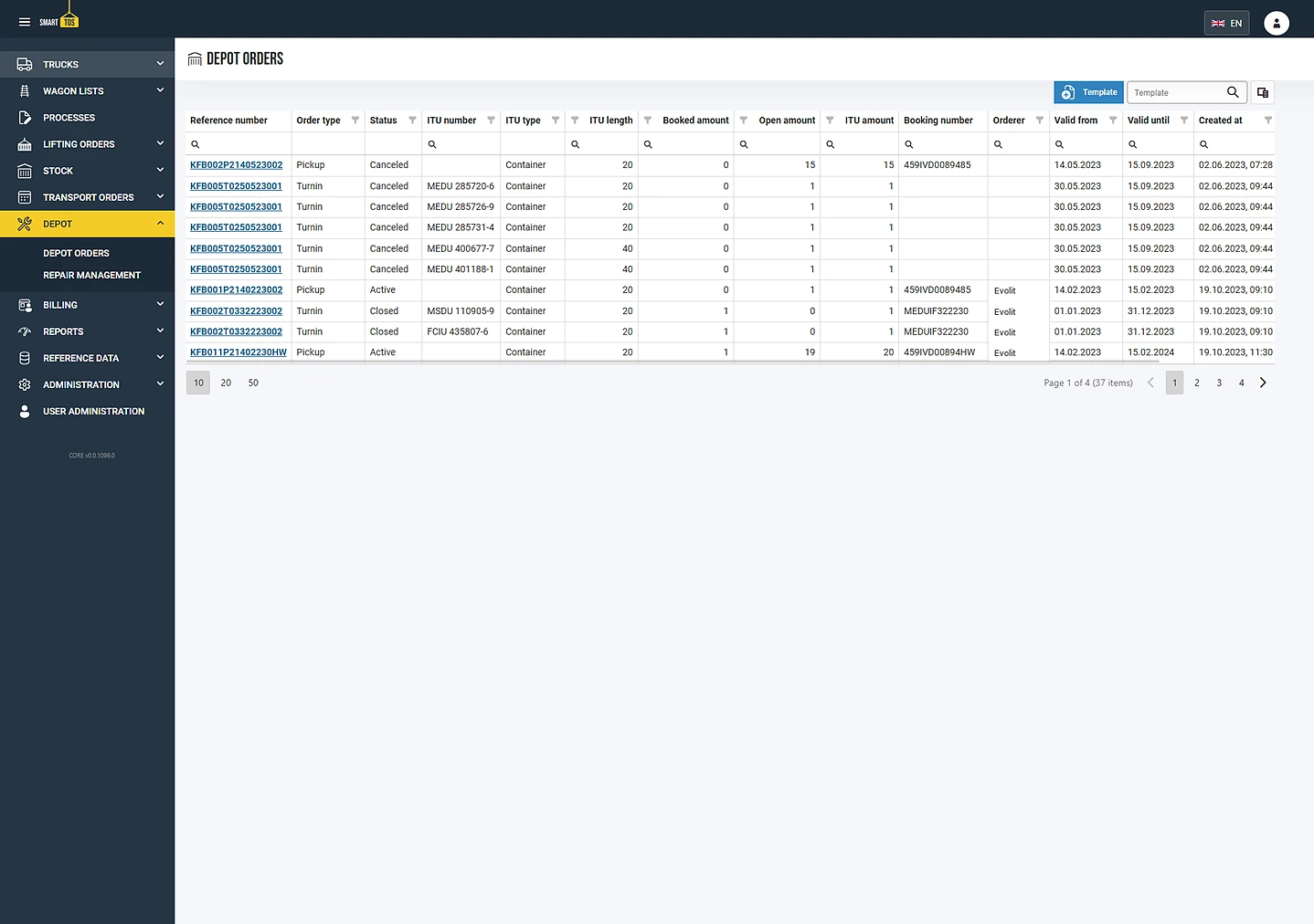 smartTOS depot orders: imported turn-ins and releases with order type, status, container number and validity