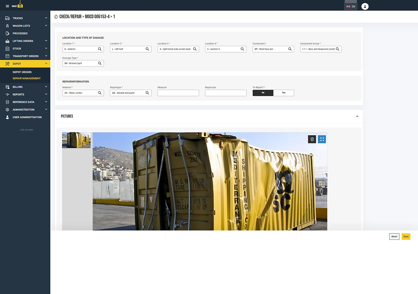 smartTOS damage capture per ISO 9897: location and type of damage, repair details and the attached photos