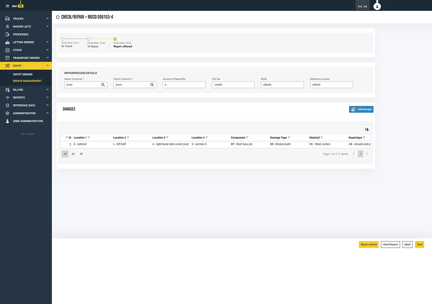 smartTOS repair process: status chain from check to quotation, process details and the recorded damages
