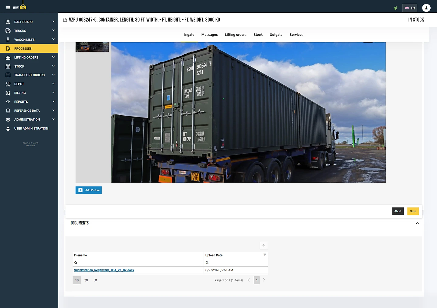 smartTOS loading-unit process: stored photos and documents with upload date