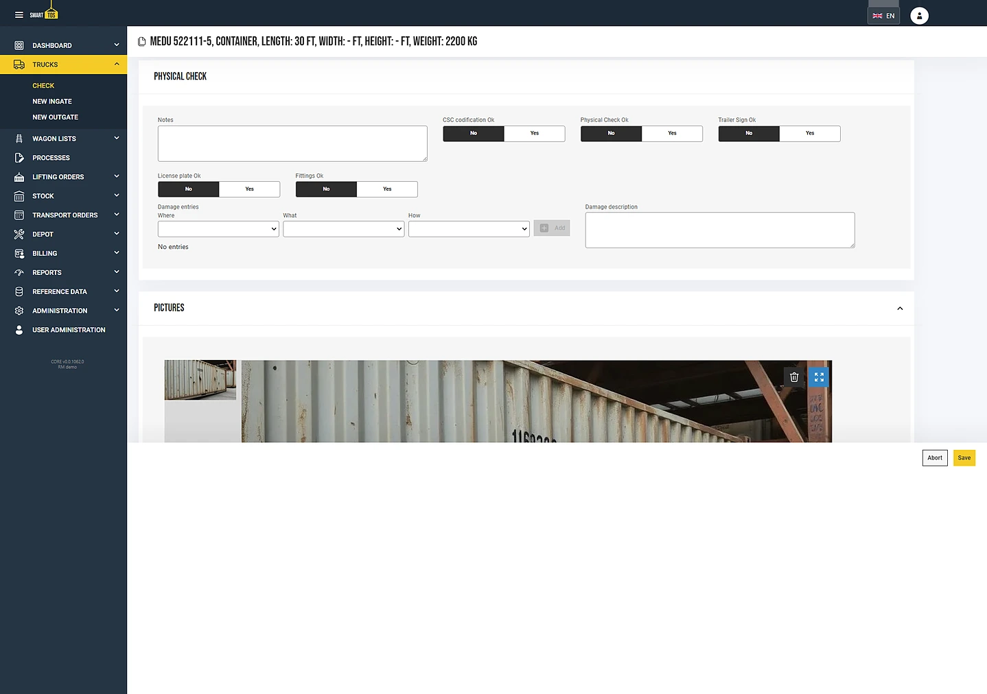 smartTOS screen: physical inspection of a loading unit with check items, damage entry and pictures
