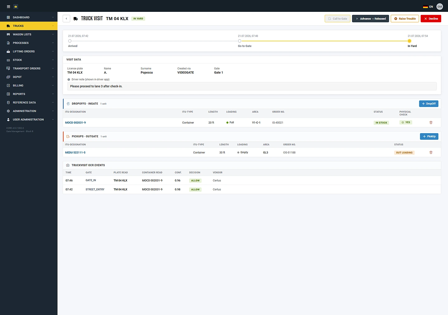 smartTOS truck visit detail: timeline from arrival to release, visit data, drop-off and pick-up plus the OCR events of the videogate