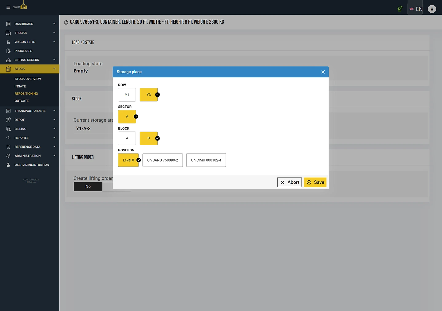 smartTOS repositioning: selecting row, sector, block and position for a loading unit