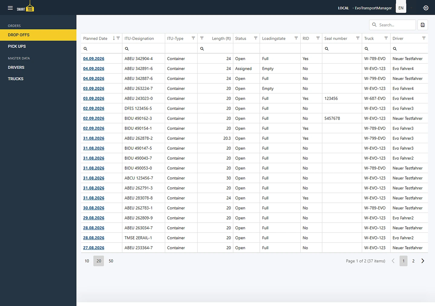 smartTOS forwarder portal: self-registered drop-offs with date, loading unit, loading state, truck and driver