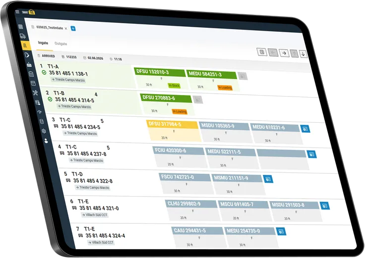 Tablet zeigt den Wagencheck bei der Zugeinfahrt in smartTOS: Waggonliste mit Position, Gleisabschnitt, UIC-Wagennummer und Zielbahnhof, daneben die aufgenommenen Ladeeinheiten mit Containernummer, Ladezustand und Länge