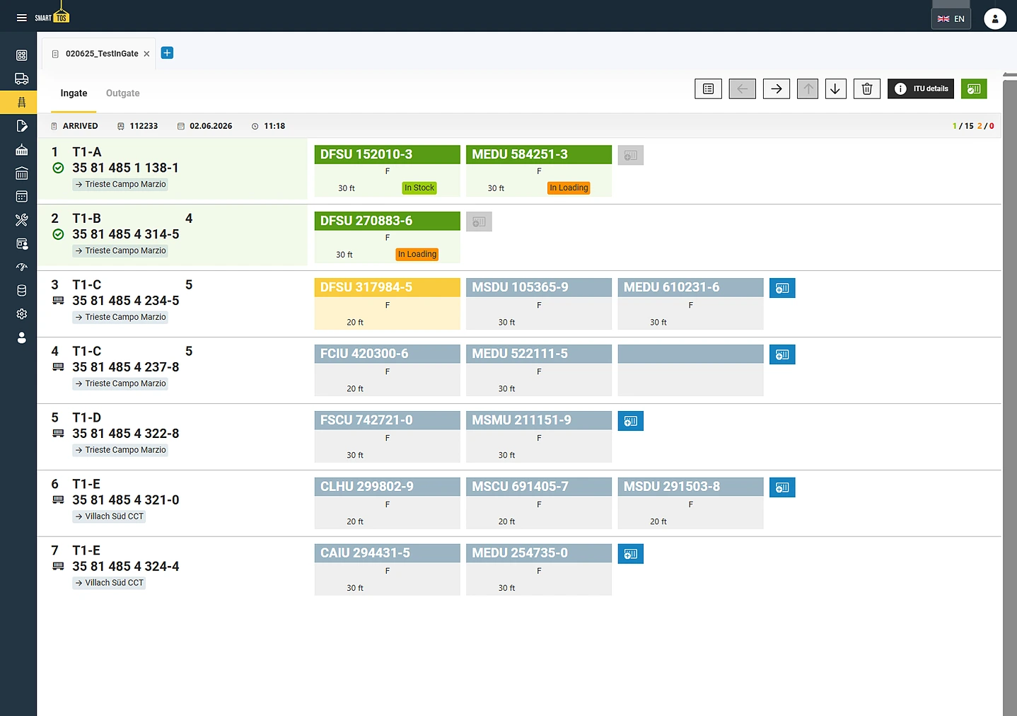 smartTOS wagon check: ingate list of a train with wagon numbers, destination station and the checked loading units per position